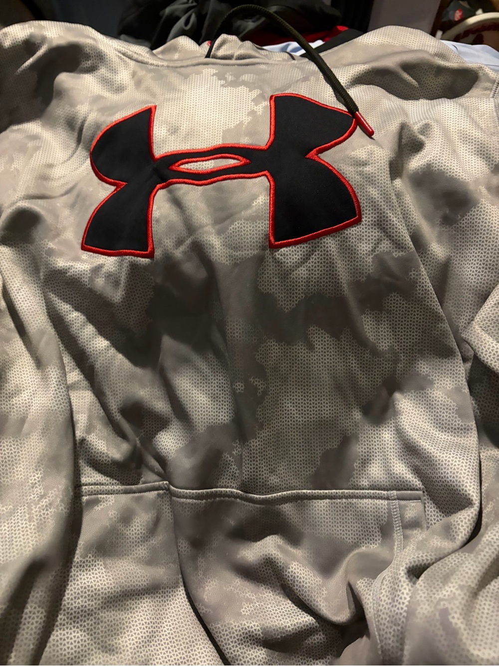 Under Armour Gray Camo Hoodie with Black Logo and Red Trim Accent